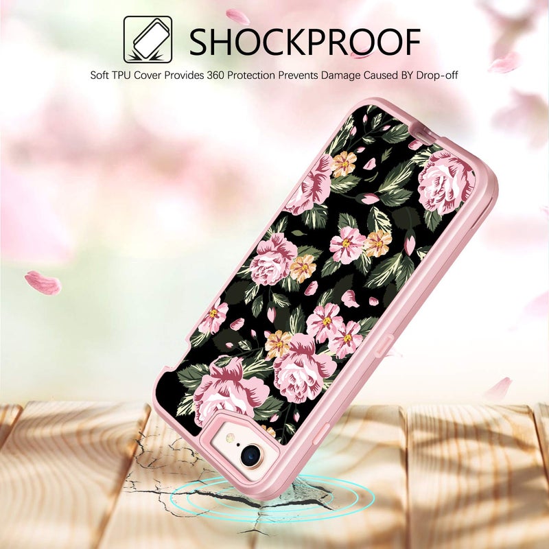 GUAGUA iPhone 8 Case iPhone 7 Case Three Layer Hybrid Hard PC Cover Soft Bumper High Impact ResistantAnti-Slip Protective Phone Case for iPhone 8/7 Floral/Rose Gold - Image 2